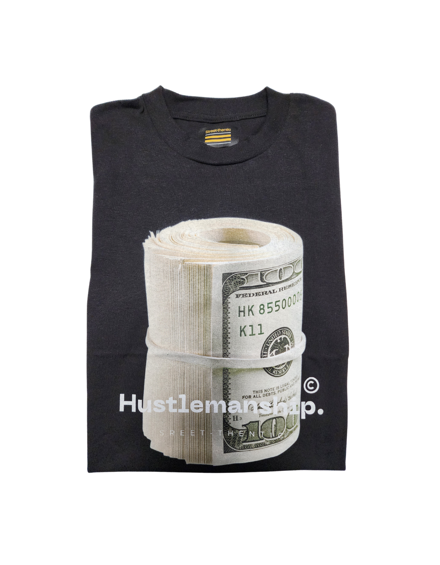 Black streetwear t-shirt. Hustlemanship Bankroll